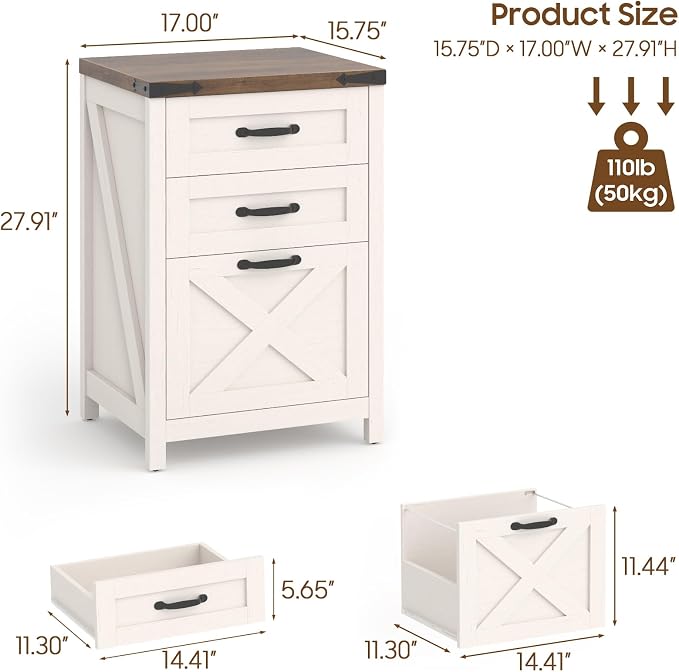 Halitaa 3 Drawer Small File Cabinet, Farmhouse Vertical Filing Cabinet Fits Letter and A4 Size, Under Desk Wooden File Cabinets for Home Office, Printer Stand, Rustic White and Brown