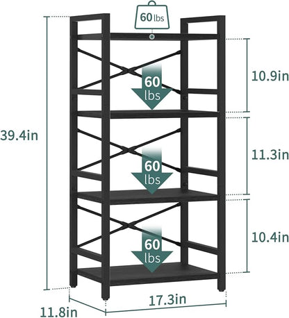 Yoobure 4 Tier Bookshelf - Small Book Shelf Industrial Bookcase, Narrow Book Case Book Storage Organizer for CD/Movie/Book, Bookshelves for Bedroom Office Living Room Black