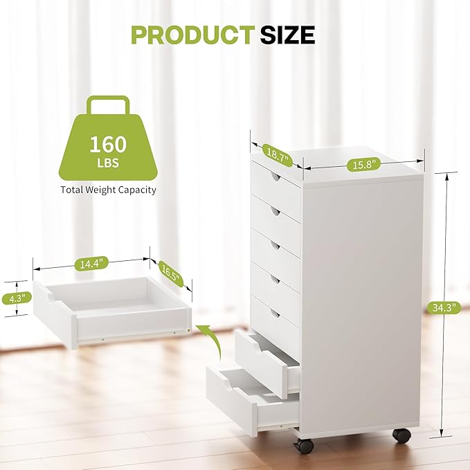 Simple Deluxe 7 Drawer Chest, Storage Cabinet Dressers with Wheels, Dressers Storage Cabinets, Office File Cabinet,White