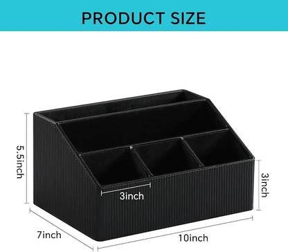 Desk Organizer Caddy with 5 Compartments for Office Art Supplies, PU Leather Nightstand Organizer Pencil Pen Desk Caddy for Home, Desktop TV Remote Control Holder Storage (Striped Black)