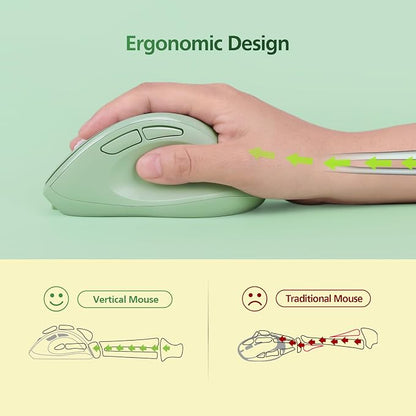 Micropack Ergonomic Vertical Wireless Bluetooth Mouse for Laptop MacBook PC Rechargeable Silent Click 3-Mode Multi-Device 2.4G Adjustable DPI Compatible with Windows Android iOS MacOS Green