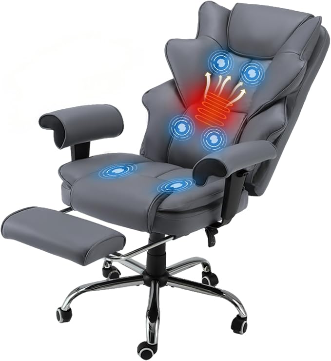 HOMREST Grey Ergonomic Office Chair | 6-Point Vibration Massage & Heat, Reclining Executive Chair, Adjustable Footrest and Armrests, PU Leather Big and Tall