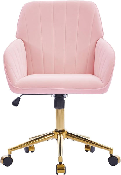 YISHENG Velvet Office Desk Chair with Gold Base, with Wheels,Modern Height Adjustable 360 Degree Swivel Upholstered Vanity Chairs with Arms for Living Room Bedroom,Pink