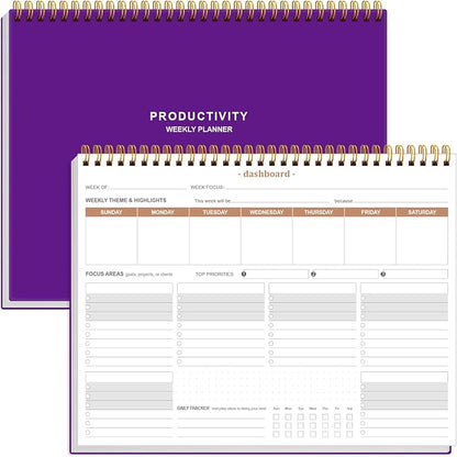 Weekly Productivity Planner - 8.5" x 11" Dashboard Desk Notepad Has 6 Focus Areas to List Tasks for Goals, Projects, Clients, Academic or Meal-Organize Your Daily Work Efficiently, 54 Weeks, Purple