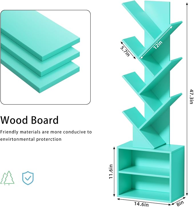 SHEEPAM 10 Tier Tree Bookshelf,Floor Standing Wood Tall Bookcase for Narrow Space, Storage Organizer Bookshelves for Books, Book Case for CDs/Movies/Books,Home Office,Living Room, Bedroom