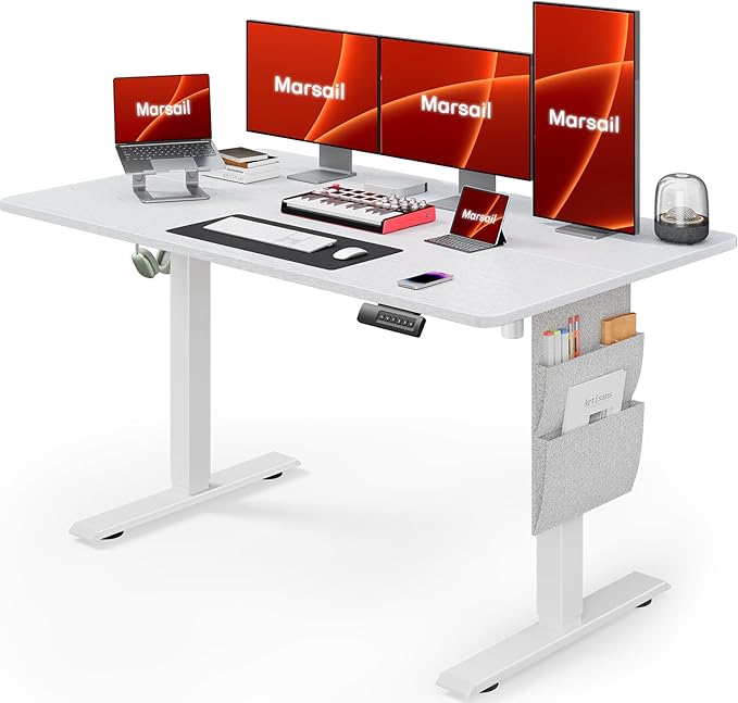 Marsail Standing Office Desk,Adjustable Heights,Stand Up Desk,55x28 Inches Desktop Sit Stand Home Office Gaming Computer Desk with 4 Memory Presets,Headphone Hook,Cable Organizer, White