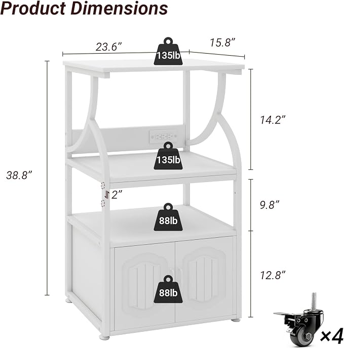 Natwind 4 -Tier Rolling Printer Stand with Power Outlet,23.6"x15.8",White | Printer Table with Adjustable Open Shelf,Home Office Storage Filing Cabinet on Lockable Wheels for Printer,Scanner and Files