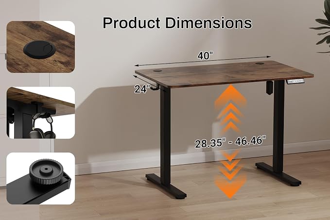 Standing Desk Electric Height Adjustable Desk 39.37 x 23.6 Inches Sit Stand up Desk, Computer Home Office Desk Memory Preset with Two-Piece Desktop (Vintage Brown, 40 * 24 Inch)