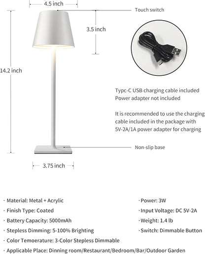 KDG 2 Pack Cordless Table Lamp, Portable LED Desk Lamp, 5000mAh Battery Operated, 3 Color Stepless Dimming Up, for Restaurant/Bedroom/Bars/Outdoor Party/Camping/Coffee Shop Night Light(White)