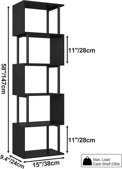 Yusong Bookshelf 5-Tier, Geometric Bookcase S Shaped Book Shelves for Bedroom, Modern Wood Decorative Display Shelf Corner for Home Office, Black