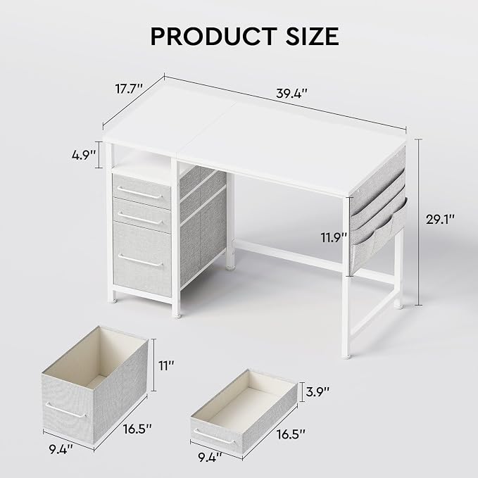 Ｍａｉｈａｉｌ Maihail Small Desk with Drawers, 40 inch Computer Desk with Shelves, Writing Desk with Storage, Small Office Desk with Metal Frame, White