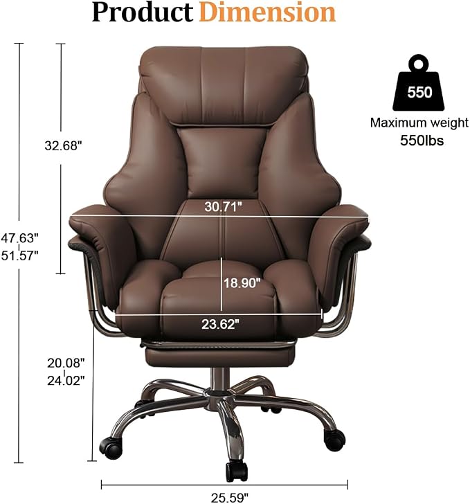 Big and Tall Office Chair 550 lbs Extra Wide Leather Executive Chair with Retractable Footrest, Heavy-Duty Ergonomic Chair, Adjustable Height Computer Gaming Chairs