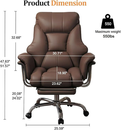 Big and Tall Office Chair 550 lbs Extra Wide Leather Executive Chair with Retractable Footrest, Heavy-Duty Ergonomic Chair, Adjustable Height Computer Gaming Chairs