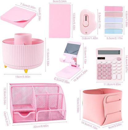 Gawsey Desk Organizers and Accessories with Desk Organizer 360° Rotating Pen Holder and Office Supplies, Cute Stationery Supplies Set (Pink)