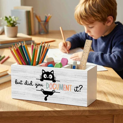 Funny Black Cat Pencil Pen Holder for Desk Organizer, Black Cat Gifts, HR Human Resource Gifts, But Did You Document It Wooden Box Decorations for Office Workplace Desk Tabletop Decor