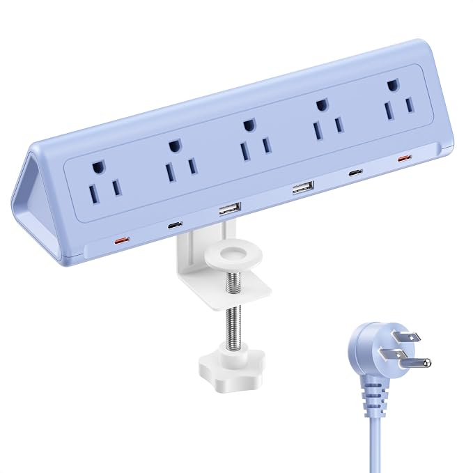 6.5 FT Desk Clamp Power Strip with 5 AC Outlets & 6 USB Ports PD 40W USB-C Fast Charging, 1250J Surge Protector, Fits 2.1 in top Edge Blue