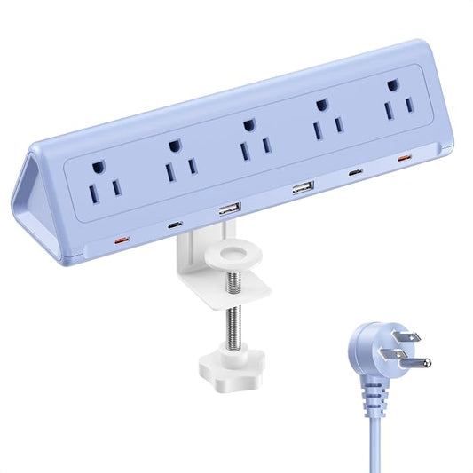 6.5 FT Desk Clamp Power Strip with 5 AC Outlets & 6 USB Ports PD 40W USB-C Fast Charging, 1250J Surge Protector, Fits 2.1 in top Edge Blue