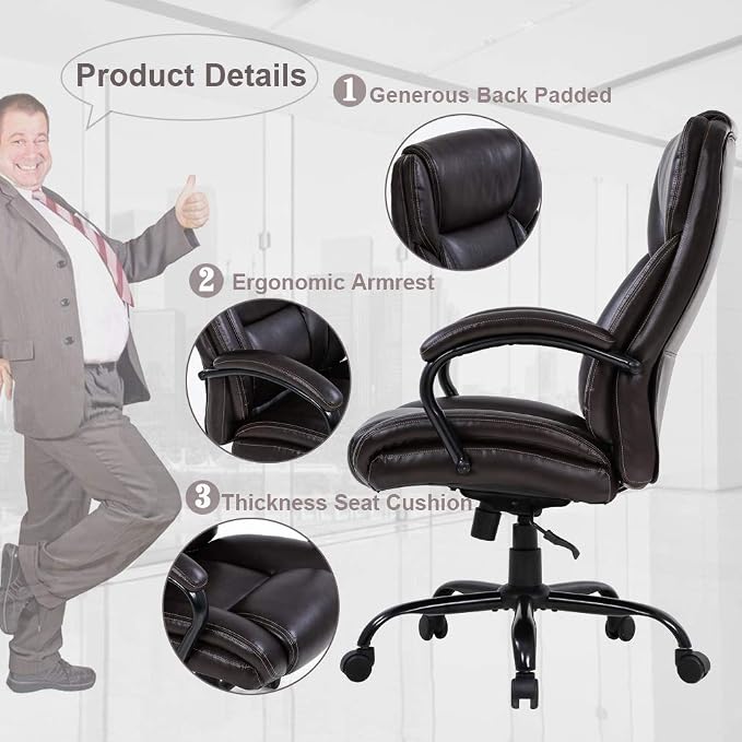 Big and Tall Office Chair 500lbs Wide Seat Ergonomic Desk Chair Task High Back Executive Chair Rolling Swivel PU Computer Chair with Lumbar Support Armrest Adjustable Chair for Heavy People, Brown