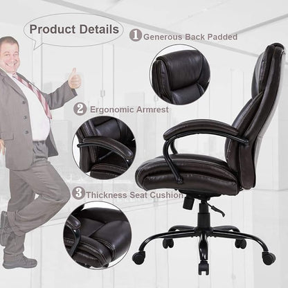 Big and Tall Office Chair 500lbs Wide Seat Ergonomic Desk Chair Task High Back Executive Chair Rolling Swivel PU Computer Chair with Lumbar Support Armrest Adjustable Chair for Heavy People, Brown