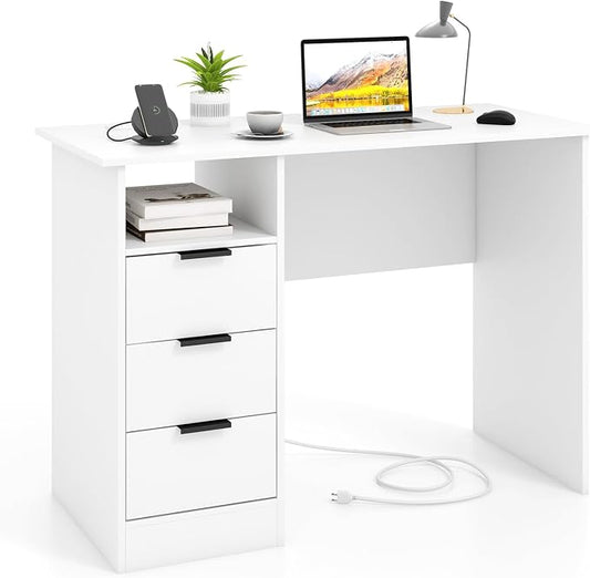 Giantex White Desk with Drawers, Modern Computer Desk with Charging Station, PC Laptop Table Computer Workstation with Storage, Makeup Vanity Table, Writing Desk for Bedroom