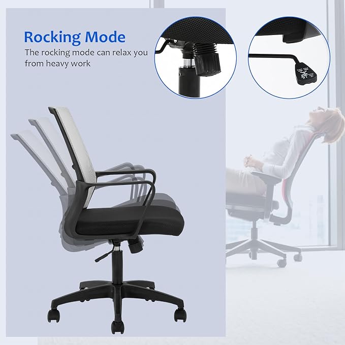 Office Chair Ergonomic Desk Task Chair Mesh Computer Chair Mid-Back Mesh Home Office Swivel Chair Modern Executive Chair with Wheels Armrests Lumbar Support (Grey)