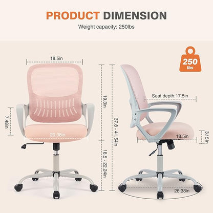 Sweetcrispy Ergonomic Mid-Back Mesh Home Office Desk Chair with Wheels, Managerial Executive Chair with Lumbar Support, and Comfortable Armrests for Home, Bedroom, Study, Office, Pink