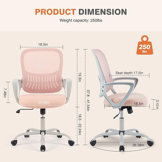 Sweetcrispy Ergonomic Mid-Back Mesh Home Office Desk Chair with Wheels, Managerial Executive Chair with Lumbar Support, and Comfortable Armrests for Home, Bedroom, Study, Office, Pink