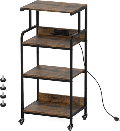 Rustic Brown 4 Tier Adjustable Mobile Printer Stand Rolling Cart | Tall space saving design for small home office holds scanner cricut heat press fax machine and various desktop equipment