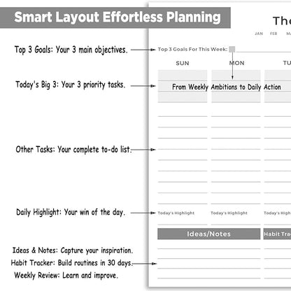 Undated Weekly Organizer & To Do List Notepad - Minimalist A4 52-Sheet Desk Planner for Work School & Family, ADHD Friendly Calendar for Deep Focus & Goal Tracking