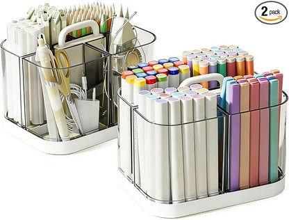 2 Pack Small Plastic Portable Caddy with Handle, Stackable Pen Holder 4 Compartments, Clear Pencil Organizer for Art Supplies, Crafts, Colored Pencils, Stationery, Markers