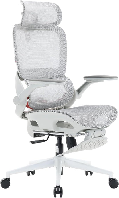 SIHOO B100 Pro Ergonomic Office Chair, Office Chair with Adaptive Lumbar Support, Computer Chair with Dual-Back, Desk Chair with 360° Rotatable & Flip-Up Armrests, 3D Wide Headrest, Light Grey