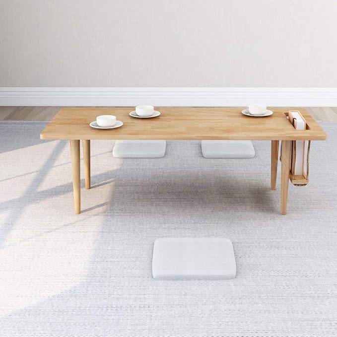 WoodShine Mid Century Modern Mini-Swing Wooden Coffee/Tea Table, Japanese Low Floor Desk, Real Solid Wood Cafe Table with Storage for Home Living Room,Office, Length of 47.25 inches,Natural