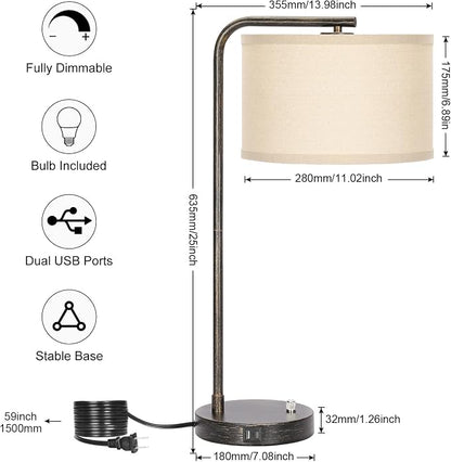 Seaside village Bedside Table Lamp with USB C+A Charging Ports, Fully Dimmable Industrial Tall Nightstand Reading Desk Lamp for Bedroom, Living Room, Office, 9W LED Bulb Included