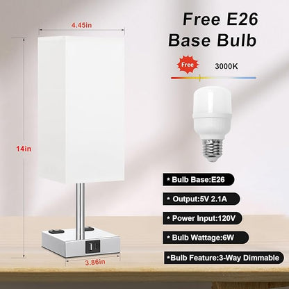 Touch Bedside Table Lamp for Nightstand - 3-Way Dimmable Night Lamp with USB A + Type C Charging Ports and Two AC Outlets, Small Desk Light with E26 LED Bulb for Bedroom Living Room Dorm Office,White