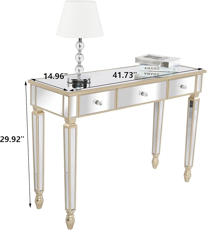 Henf Mirrored Console Table, Modern Makeup Vanity Desk Dressing Table with 3 Drawers, Contemporary Vanity Sofa Table for Entryway/Living Room/Bedroom (Champagne Gold)