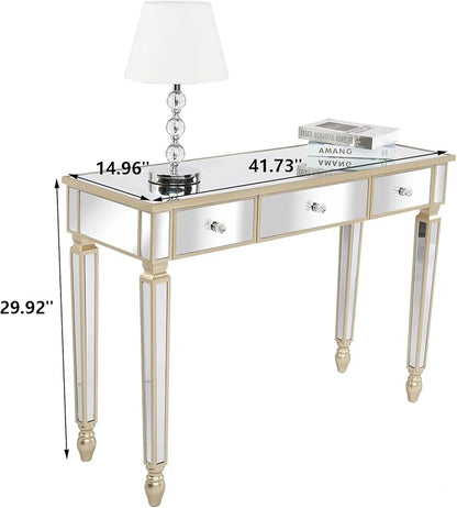 Henf Mirrored Console Table, Modern Makeup Vanity Desk Dressing Table with 3 Drawers, Contemporary Vanity Sofa Table for Entryway/Living Room/Bedroom (Champagne Gold)