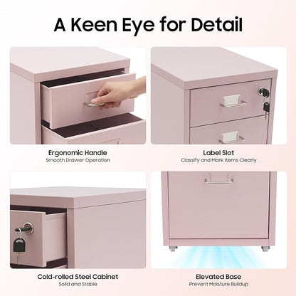 3-Drawer Metal File Cabinet, Mobile File Cabinet with Lock, Rolling Vertical Filing Drawers Under Desk for Home Office, 11 * 16 * 18.3in (Light Pink)