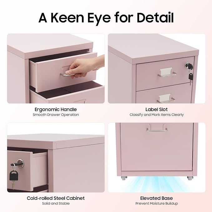 Pink File Cabinet, 3 Drawer File Cabinet with Lock, Metal Mobile Vertical Pink Desk Organizer, Rolling Cabinet with Lock and Wheels Under Desk for Home Office