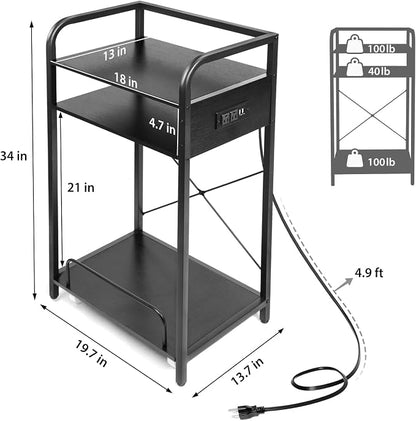 3-Tier Printer Stand with Shredder Shelf, 20" L x 14" W x 34" H, Floor-Standing Printer Stand with Power Outlet, Desk Side Printer and Shredder Stand with Storage, Black Office Storage Shelf Rack