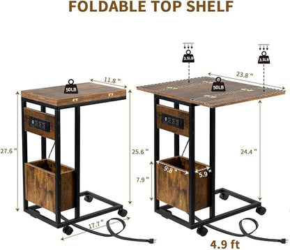 Hadulcet C Shaped End Table with Charging Station & Foldable Tabletop, Folding TV Tray Table with Storage, Laptop Table for Couch, C Table for Sofa, Living Room Bedroom Small Spaces, Rustic Brown