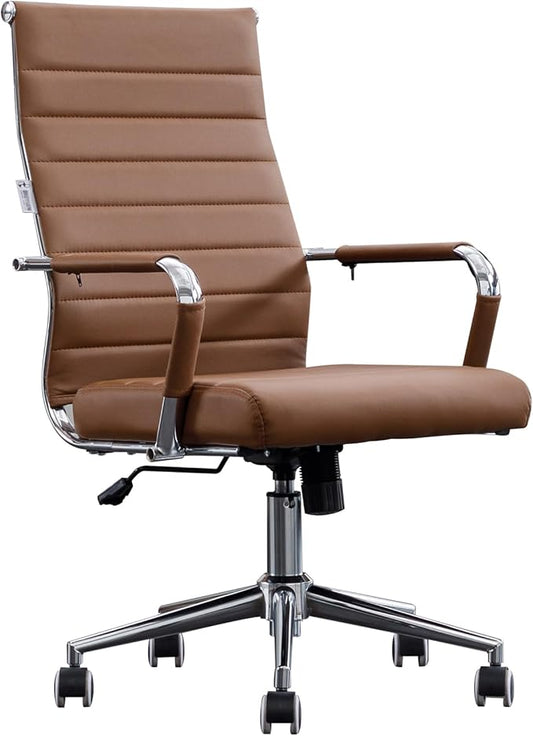Home Office Chair Ribbed, Modern Leather Conference Waiting Room Chairs,Ergonomic Office Desk Chair, High Back Executive Computer Chair, Adjustable Swivel Chair with Arms,Brown