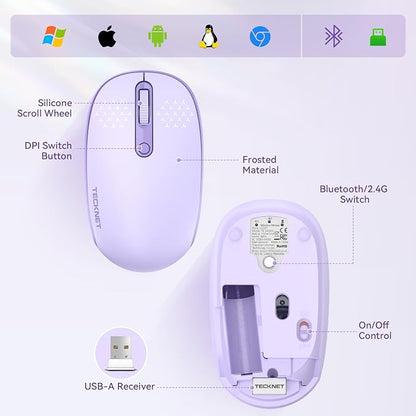 TECKNET Wireless Mouse,Bluetooth Mouse (BT5.3/5.0 & 2.4G) with USB Receiver Silent Optical Computer Mice，Wide Compatibility
