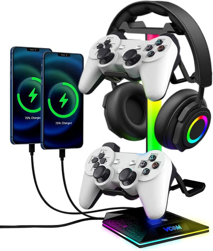 VCOM RGB Gaming Headphones Stand with 2 USB and 1 Type-C Ports, Headset Stand with 10 Light Modes and Non-Slip Rubber,Suitable for All Earphone Accessories, Best Gift for Desk Gamers