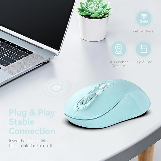 Wireless Mouse, 2026 New Model, Silent Click Ergonomic Design, Portable, 4 Buttons, Adjustable DPI (800/1200/1600), for Laptop/PC/Office (Blue)