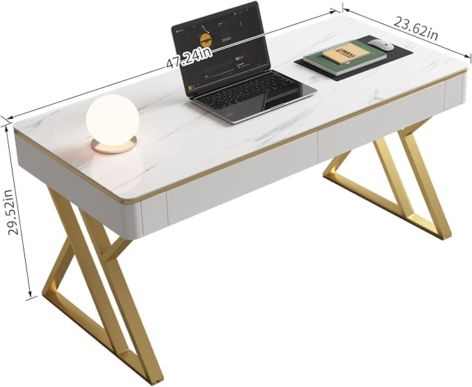 Modern Office Computer Desk with Tempered Glass Top & Marble Pattern, White Wooden Gaming Desk with Drawers, Thick Lacquered Writing Desk for Home Office, Bedroom and Living Room (Z-104)