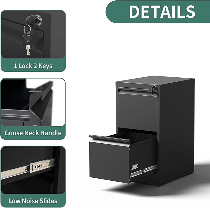2 Drawer File Cabinet with Lock, Steel Vertical Filing Cabinets for Home Office, Small Metal Storage Cabinet for Hanging Legal/Letter Size Files, Assembly Required (Black)