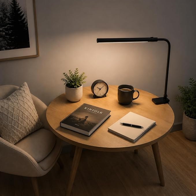 LED Desk Lamp with Clamp, 5 Color Modes & 10 Brightness Levels, Eye-Caring Desk Light, Flexible Gooseneck, Memory Function, Adapter Included for Home Office, Reading & Study