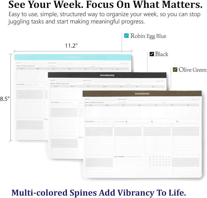 Minimalist Dashboard Desk Pad - 8.5" x 11" Weekly Productivity Planner Has 6 Focus Areas to List Tasks for Goals, Projects, Clients, Academic or Meal - Organize Your Daily Work Efficiently- 55 Weeks
