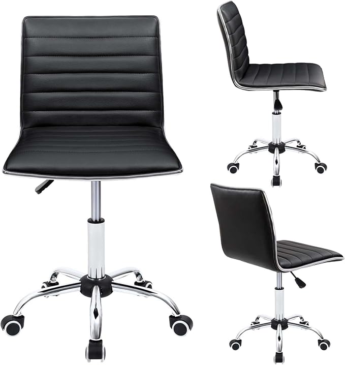 Furmax Vanity Office Desk Chair with Wheels, Armless Small Cute Leather Makeup Computer Task Chair Adjustable Height 360° Swivel (Black)