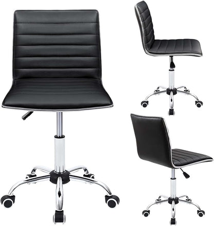 Furmax Vanity Office Desk Chair with Wheels, Armless Small Cute Leather Makeup Computer Task Chair Adjustable Height 360° Swivel (Black)